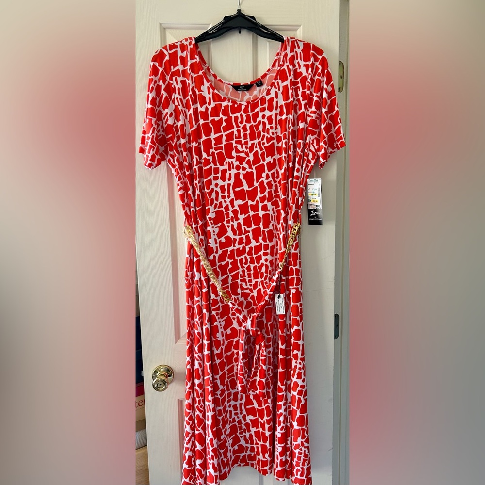 Orange and White Patterned Dress with Gold Chain